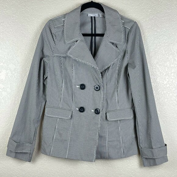 Halogen Blazer Jacket Womens Sz S Gingham Double Breasted Vented Black/White - Picture 1 of 7